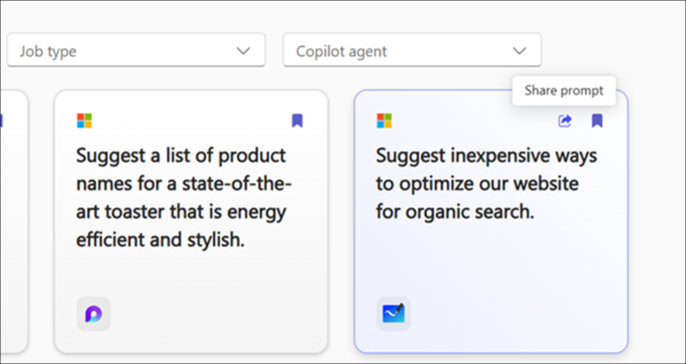 Prompts to try page showing available prompts with filter options such as App, task, and job type.