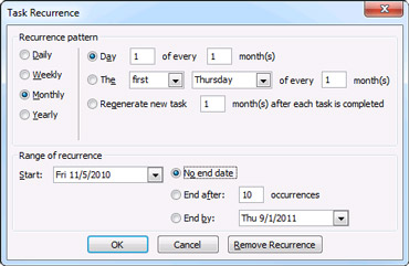 Task Recurrence dialog box