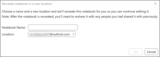 Image showing pop-up dialog, asking for Notebook Name and storage Location. 