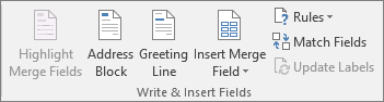The Write and Insert fields group lets you insert fields into a merge document.