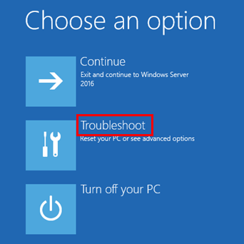 A screenshot of Choose an option with Troubleshoot highlighted.