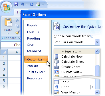 Excel Options, Customization, All commands