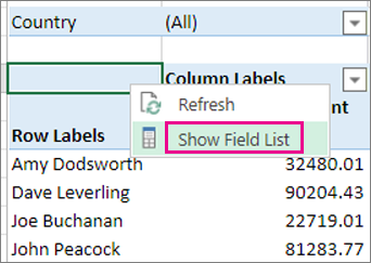 Show Field List command on the shortcut menu
