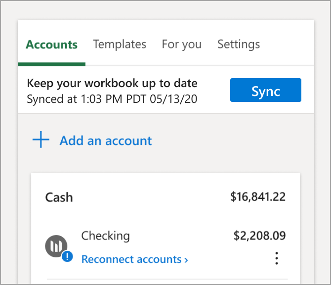 Select Reconnect accounts under the Account tab in Money in Excel.