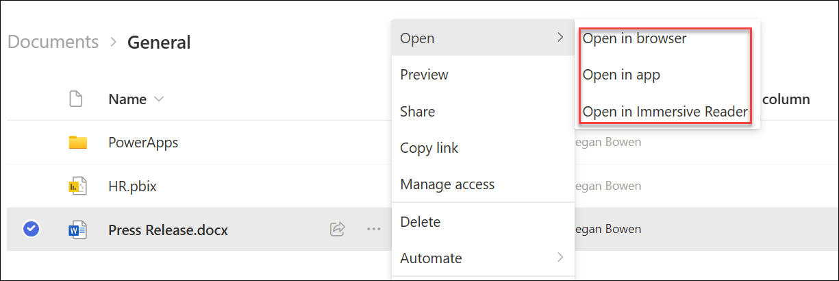 screenshot of three open options for a document.