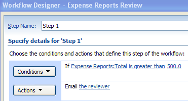 Second page of Workflow Designer showing a condition and action