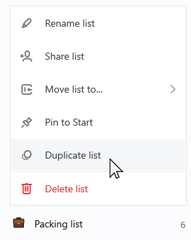 Packing list selected with the context list open and Duplicate list selected