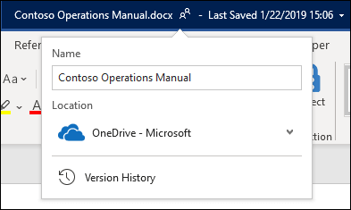 The drop-down menu from the document title in Word for Office 365