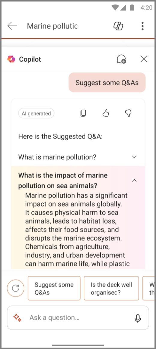 Screenshot of Copilot in PowerPoint on Android with the results of the Suggest some Q&As prompt
