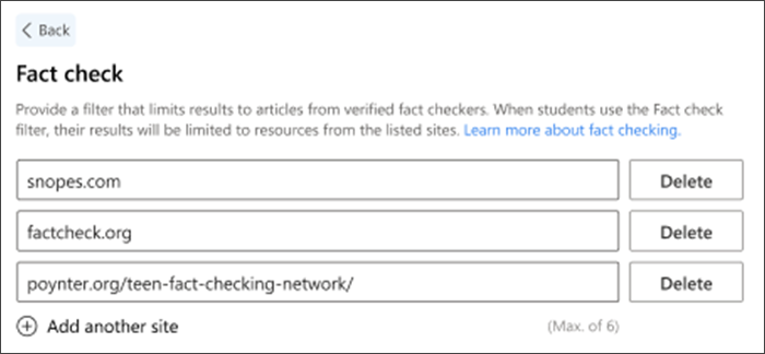 Screenshot of the fact check option in settings. Three default fact checking sites are listed - they can be deleted and others can be added to meet a teachers needs