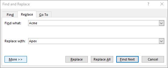 In Outlook, Find and Replace dialog box.