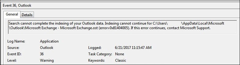 Outlook Event Log Warning