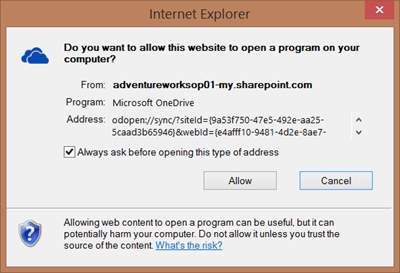 Screenshot of dialog box in Internet Explorer asking for permission to open Microsoft OneDrive