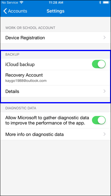 iOS settings screen, showing the location of the iCloud backup settings