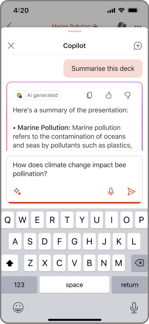 Screenshot of Copilot in PowerPoint on iOS device with a prompt in the compose box