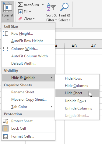 Hid or unhide worksheets from Home > Cells > Format > VIsibility > Hide & Unhide