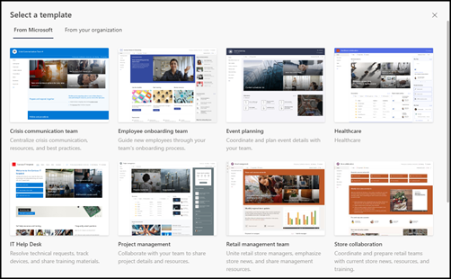 Preview selection of site templates provided by Microsoft.