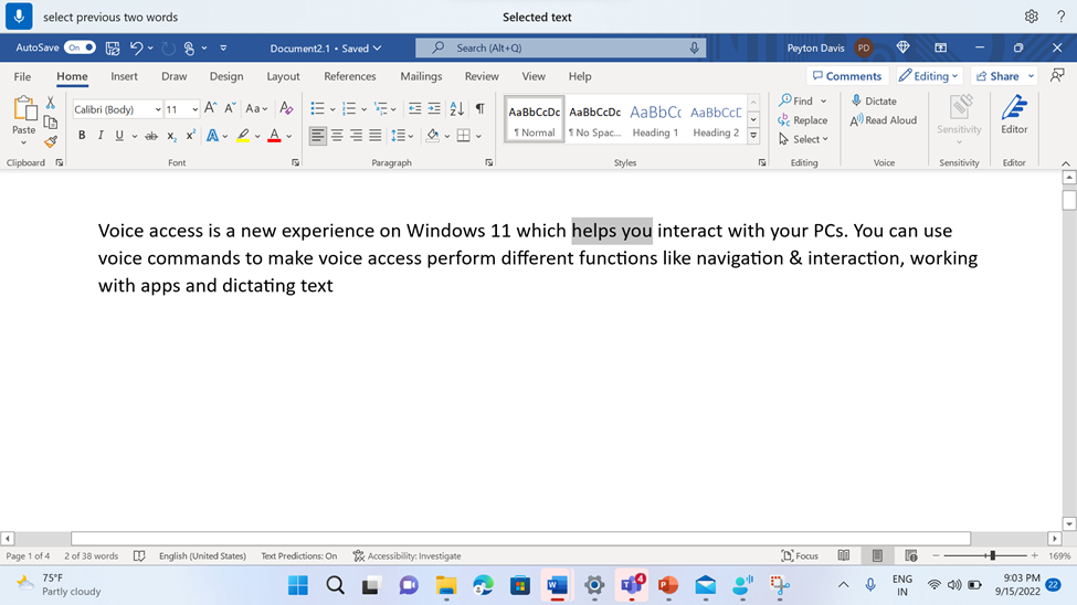 Word document showing voice access command for selecting two previous words.