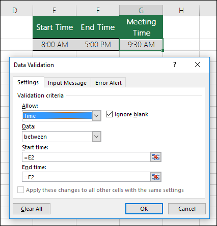 Validation settings to restrict time entry within a time frame