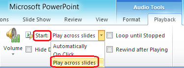 The "Play across slides" option for an audio file in PowerPoint 2010