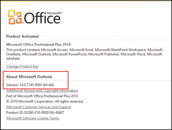 Screen shot of the page where you can check the Outlook 2010 version, under About Microsoft Outlook