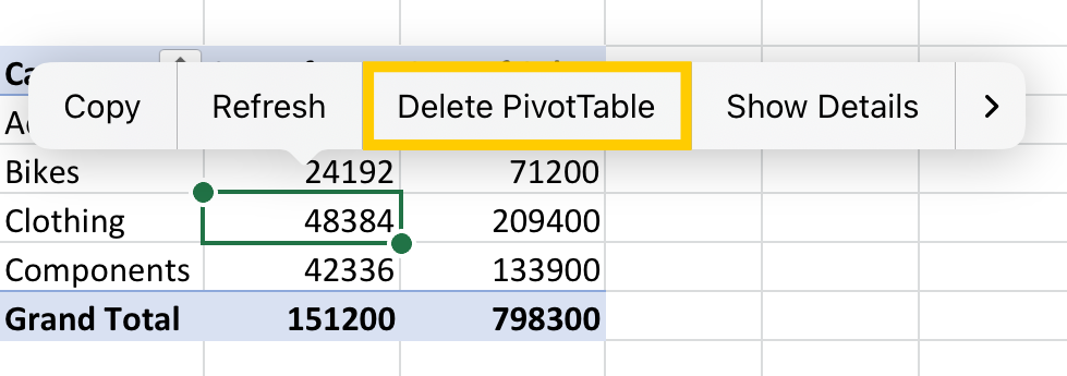Delete PivotTable option from the context menu on iPad.