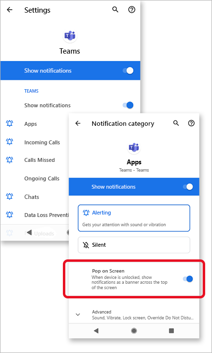 Image shows allowing pop up screen for Notifications in Microsoft Teams