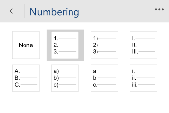 Screenshot of the Numbering menu in Word Mobile with a numbering style selected.