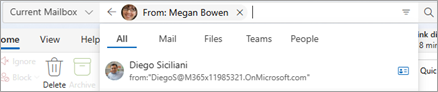 Enter text into the search bar to reveal search scope suggestions, such as All, Mail, Files, Teams, and People.