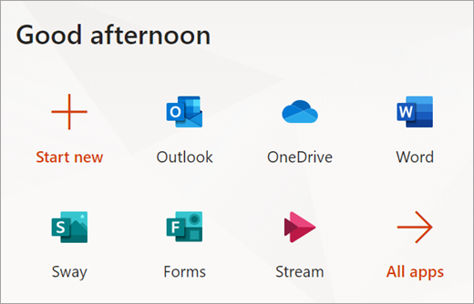Office.com homepage apps with navigation button to all apps