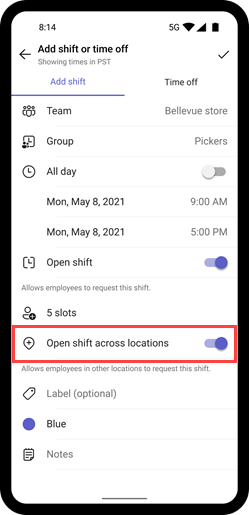 Screenshot showing the Open shift across locations toggle for a shift on mobile.