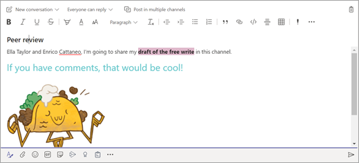 A student creates a post in a class team channel using text edit options and a sticker attachment
