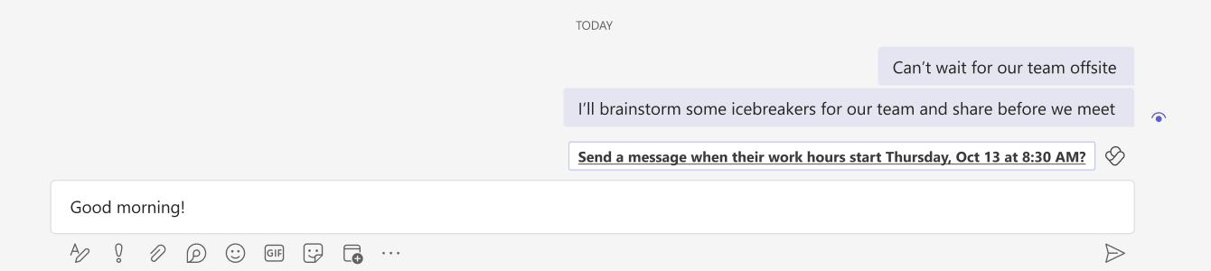 Screenshot that shows a schedule send suggestion above the text-input box in Teams chat.