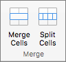 Screenshot shows the Merge group available on the table Layout tab, with the Merge Cells and Split Cells options.