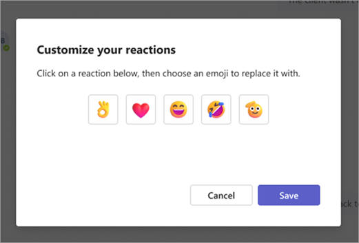 Screenshot of window where you can personalize your quick reactions
