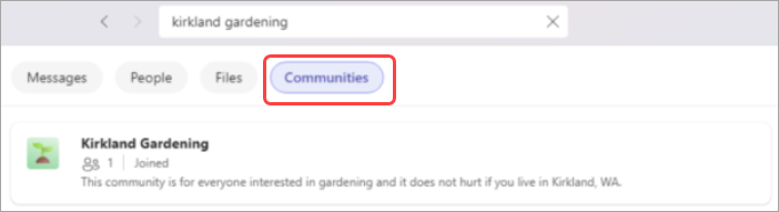 Image showing keyword typed into search bar with Communities filter highlighted.