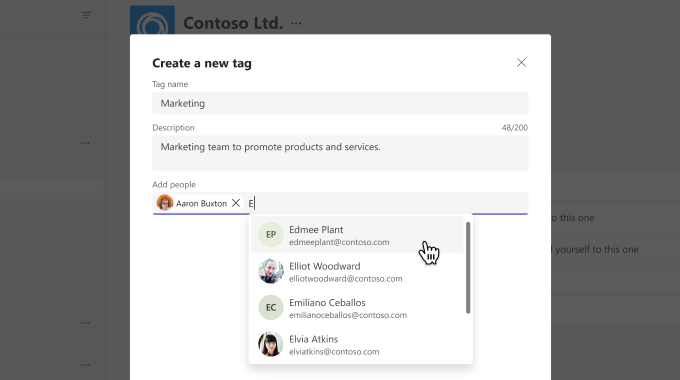 Screenshot showing how to create a new tag in Teams