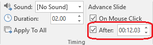 In the After box on the Transitions tab of the ribbon in PowerPoint, set the timing for auto-advancing a slide.