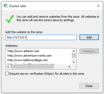 Adding a trusted site in internet properties