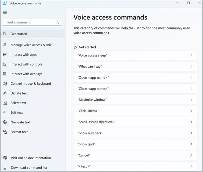 Voice access commands help main page.