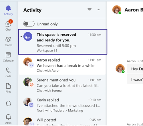 Screenshot showing a bookable desk reservation notification in the Activity tab in Teams.