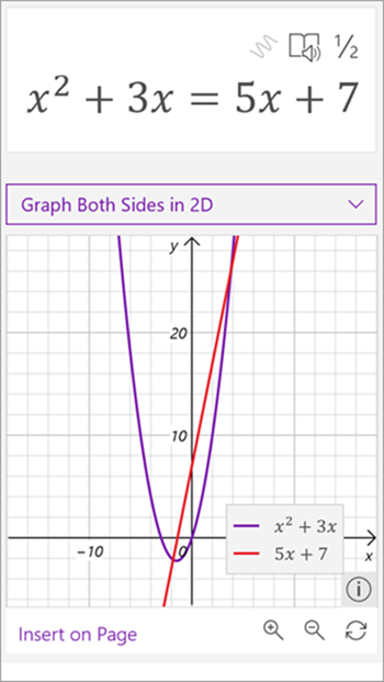 screenshot of math assistant generated graph for the equation x squared plus 3 x equals 5 x plus seven. a line is shown in red and a parabola in purple