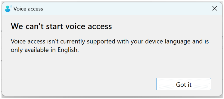 Error message saying voice access cannot be started