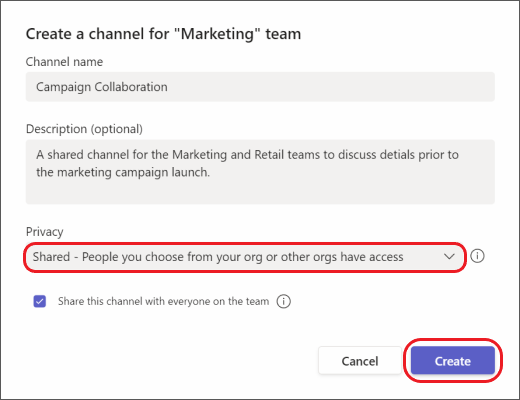Teams - create a new shared channel