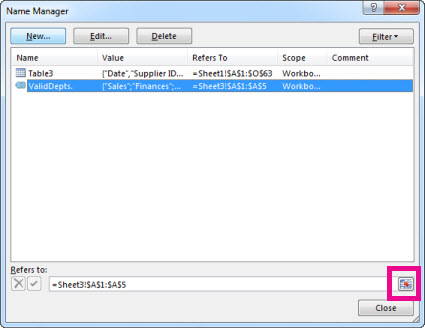 Collapse Dialog Box button in the Name Manager box