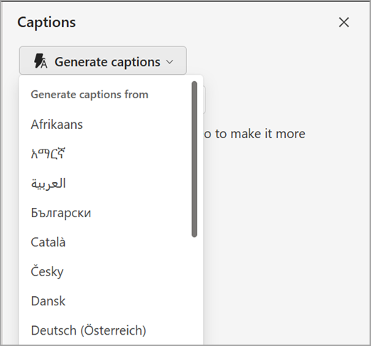 Generate captions dropdown in the Captions pane.
