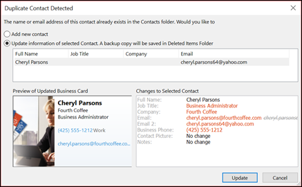 If you have a duplicate contact, Outlook asks you if you want to update it.