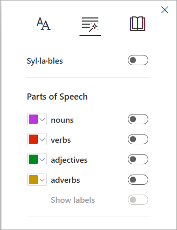 Image of grammar options menu in Immersive Reader