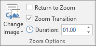 Shows the Zoom options group on the Format Tab for a Section or Slide Zoom in PowerPoint.