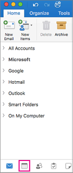 Select the calendar button at the bottom of your folder list in Outlook